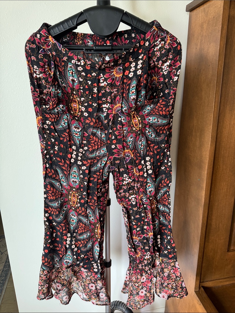BCBGeneration Black Floral Flare Pants with Teal & Pink Accents